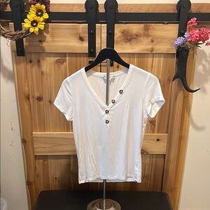 Pink Rose White V-Neck Tee with Button Detail